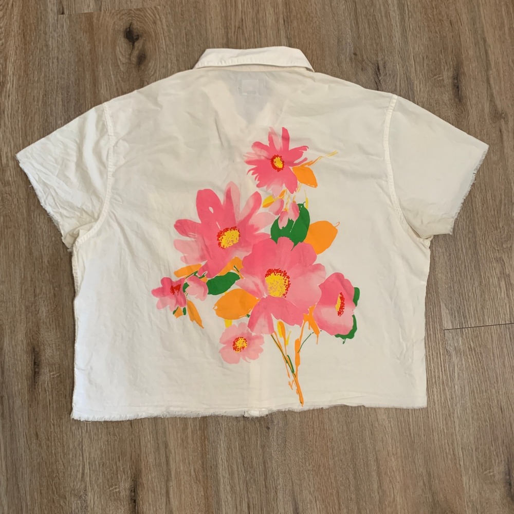 Noah floral graphic cropped short-sleeve button-up shirt - size medium